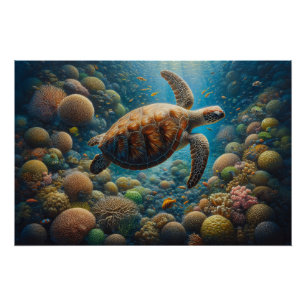 Sea Turtle Swimming Around Coral Decoupage Poster