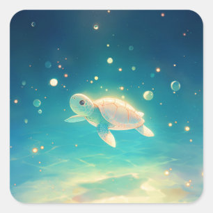 Sea Turtle Swimming in Glowing Sun Ocean Square Sticker