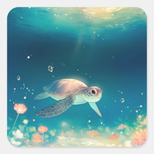 Sea Turtle Swimming in Glowing Underwater Square Sticker