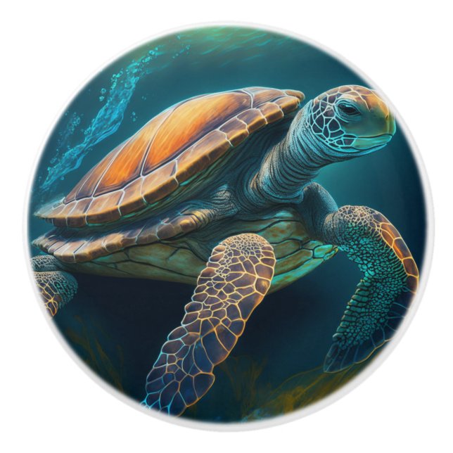 Sea Turtle Swimming in the Ocean Ceramic Knob (Front)