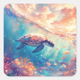 Sea Turtle Swimming in Tropical Ocean Square Sticker