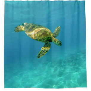 Sea Turtle swimming in turquoise ocean water Shower Curtain