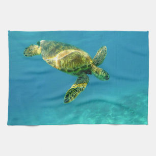 Sea Turtle swimming in turquoise ocean water Tea Towel