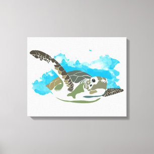 Sea Turtle Swimming in Watercolor Design Canvas Print