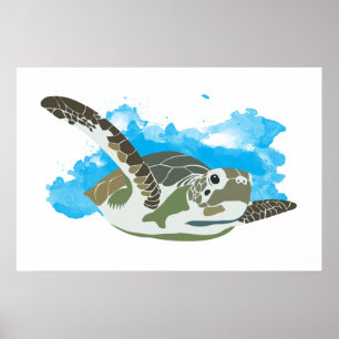 Sea Turtle Swimming in Watercolor Design Poster