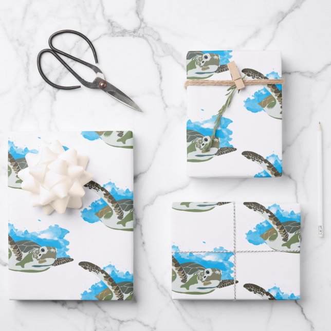 Sea Turtle Swimming in Watercolor Design Wrapping Paper Sheet (Front)