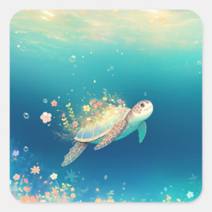 Sea Turtle Swimming Through Ethereal Underwater Square Sticker