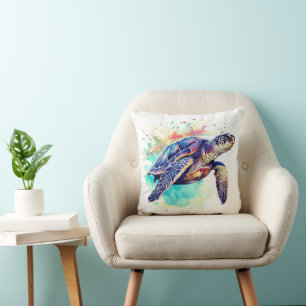 Sea Turtle Swimming watercolor painting Cushion