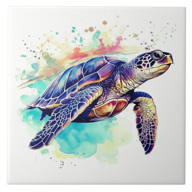 Sea Turtle Swimming watercolor painting Tile (Front)