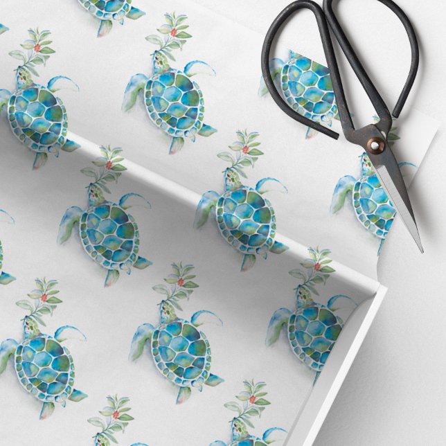 Sea Turtle Tissue Paper Tropical Beach Christmas  (Beach Christmas tissue paper watercolor sea turtle and botanical  art by Victoria Grigaliunas)