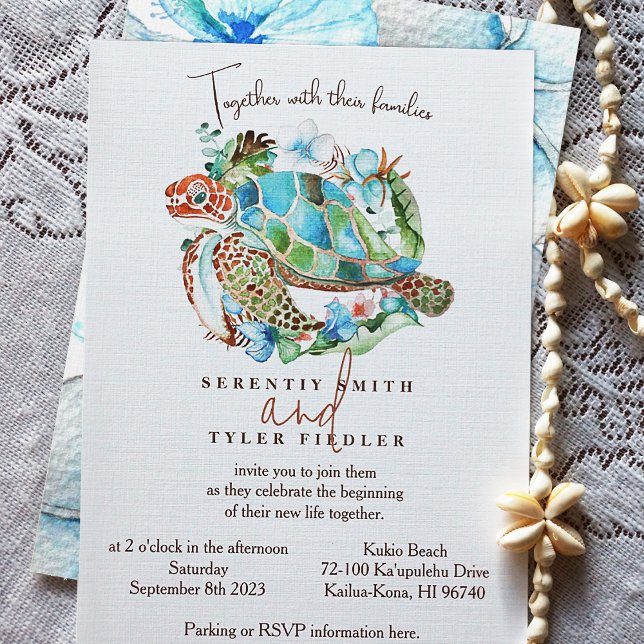 Sea Turtle, Tropical Blue Green Wreath Wedding Invitation (Watercolor Sea Turtle Wedding Invitation for Sea Blue, Green, Brown Island Color Theme)