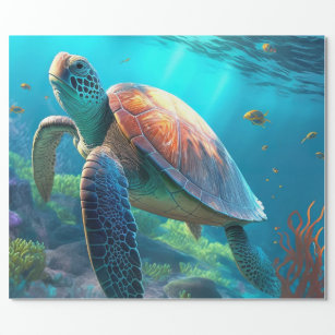 Sea Turtle, Tropical Fish and Coral in Blue Ocean  Wrapping Paper