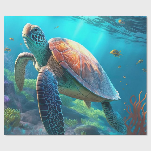 Sea Turtle, Tropical Fish and Coral in Blue Ocean  Wrapping Paper (Flat)