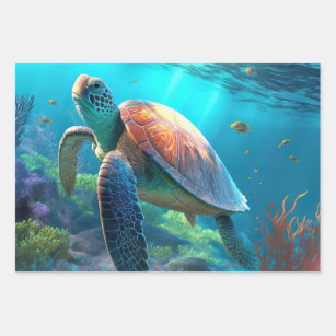 Sea Turtle, Tropical Fish and Coral in Blue Ocean  Wrapping Paper Sheet