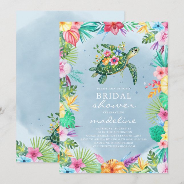 Sea Turtle Tropical Floral Bridal Shower Invitation (Front/Back)