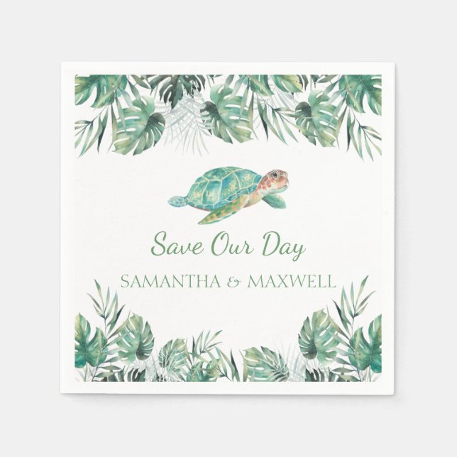 Sea Turtle Tropical Leaves Watercolor Wedding Napkin (Front)