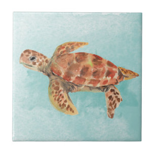 Sea Turtle Tropical Teal Watercolor Ocean Tile
