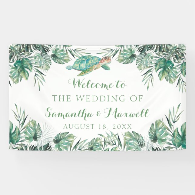 Sea Turtle Tropical Watercolor Wedding Backdrop Banner (Horizontal)