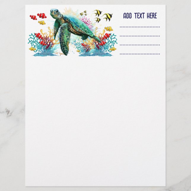 Sea turtle underwater watercolor Style Custom Letterhead (Front)