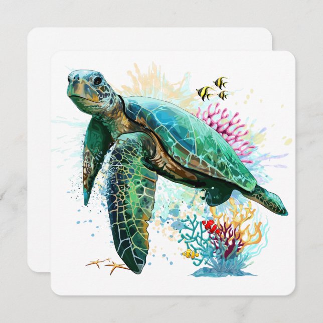Sea turtle underwater watercolor Style Invitation (Front/Back)