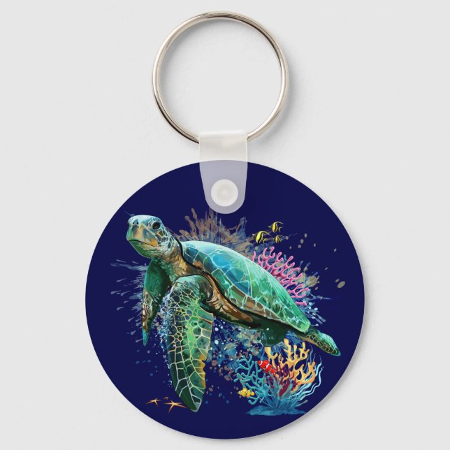 Sea turtle underwater watercolor Style Key Ring (Front)