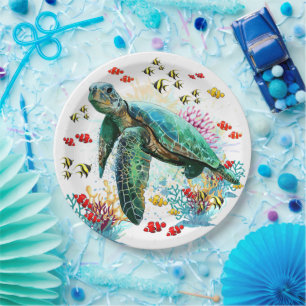 Sea turtle underwater watercolor Style Paper Plate