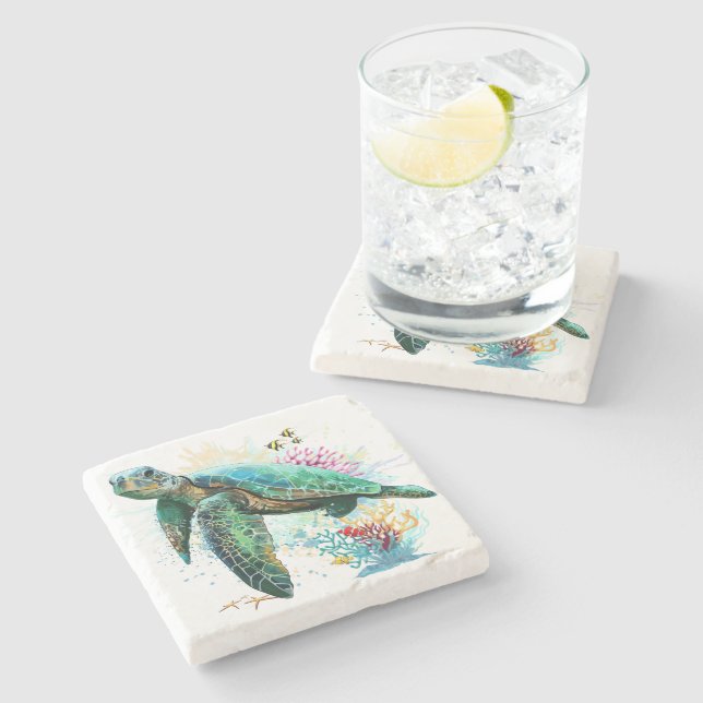 Sea turtle underwater watercolor Style Stone Coaster (Side)