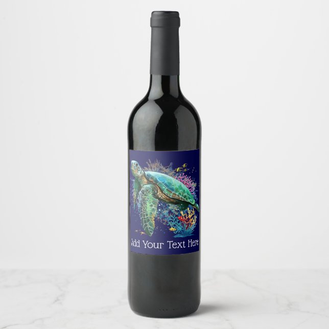 Sea turtle underwater watercolor Style Wine Label (Front)
