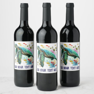 Sea turtle underwater watercolor Style Wine Label