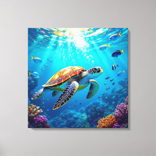Sea Turtle Vibrant Colorful Underwater Scene Canvas Print