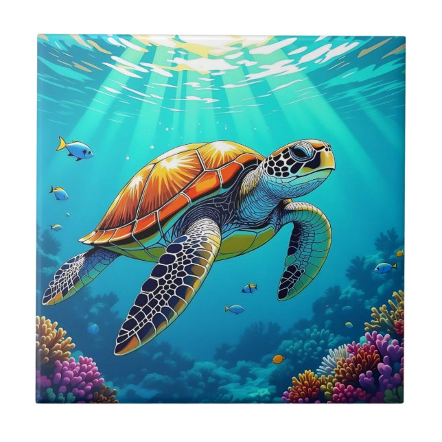 Sea Turtle Vibrant Ocean Illustration Tile (Front)