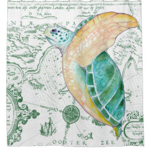 Sea Turtle Vintage Map white Shower Curtain
