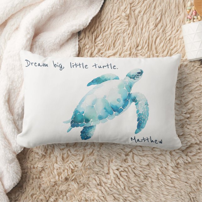 Sea Turtle Watercolor Blue Minimal Nursery Lumbar Cushion (Blanket)