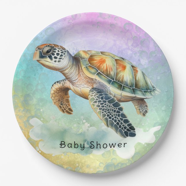 Sea Turtle Watercolor Coloured Bubbles Baby Shower Paper Plate (Front)
