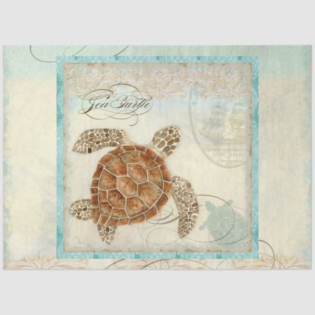 Sea Turtle Watercolor Ephemera Script Decoupage Tissue Paper (Front)