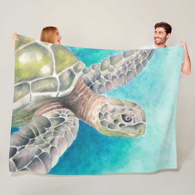 Sea Turtle Watercolor Green Fleece Blanket (In Situ)