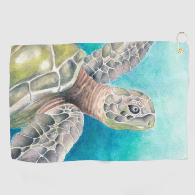 Sea Turtle Watercolor Green Golf Towel (Horizontal)