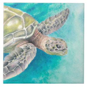 Sea Turtle Watercolor Green Tile