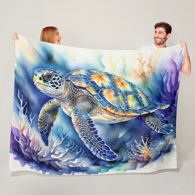 Sea Turtle Watercolor Painting Fleece Blanket (In Situ)