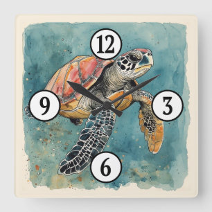 Sea Turtle Watercolor Square Wall Clock