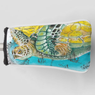 Sea Turtle Watercolor Vintage Map white Golf Head Cover