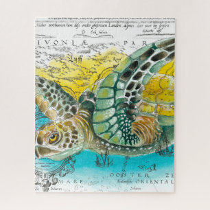Sea Turtle Watercolor Vintage Map white Jigsaw Puzzle
