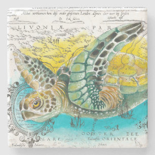 Sea Turtle Watercolor Vintage Map white Stone Coaster