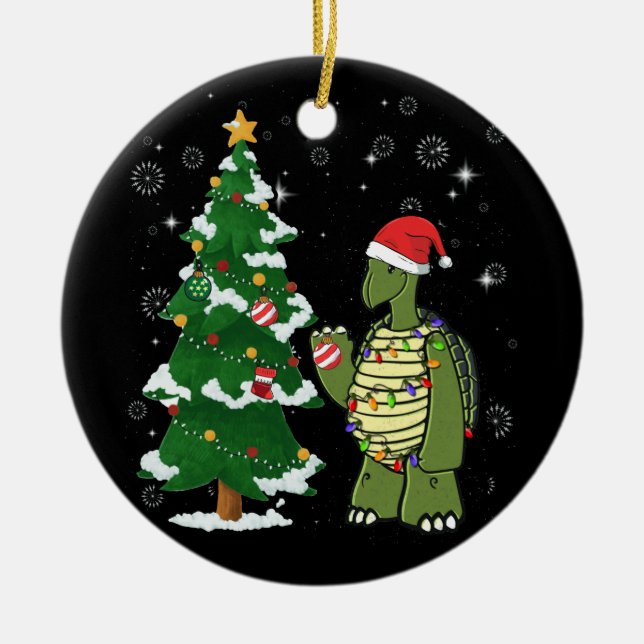 Sea Turtle Wearing Santa Hat Merry Christmas Ceramic Tree Decoration (Front)