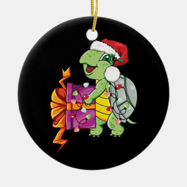 Sea Turtle Wearing Santa Hat Merry Christmas Light Ceramic Tree Decoration (Front)