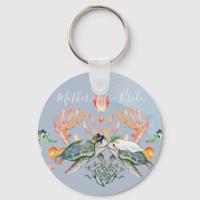 Sea Turtle Wedding Featuring Bride and Groom Key Ring (Front)