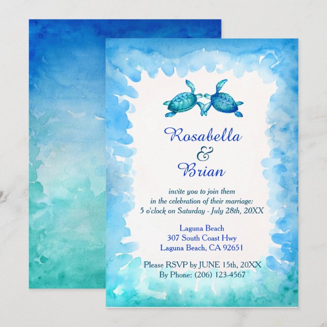 Sea Turtle Wedding Invitations - Blue and Green (Front/Back)