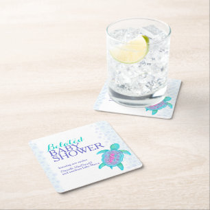Sea turtle whimsy watercolor belated baby shower square paper coaster