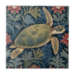 Sea Turtle William Morris style Hawaii Marine Life Tile<br><div class="desc">"classy classic art nouveau",  "sage green sea turtle",  "hawaiian ocean marine animals",  "william morris ceramic tile",  "blue aquatic water life",  "seaside dark navy red",  "right facing vintage life",  "nautical wildlife wild animal",  "hawaii tropical floral flower botanical",  "traditional beach coast antique"</div>