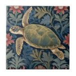 Sea Turtle William Morris style Hawaiian Tropical Tile<br><div class="desc">"classy classic art nouveau",  "sage green sea turtle",  "hawaiian ocean marine animals",  "william morris ceramic tile",  "blue aquatic water life",  "seaside dark navy red",  "left facing vintage life",  "nautical wildlife wild animal",  "hawaii tropical floral flower botanical",  "traditional beach coast antique"</div>
